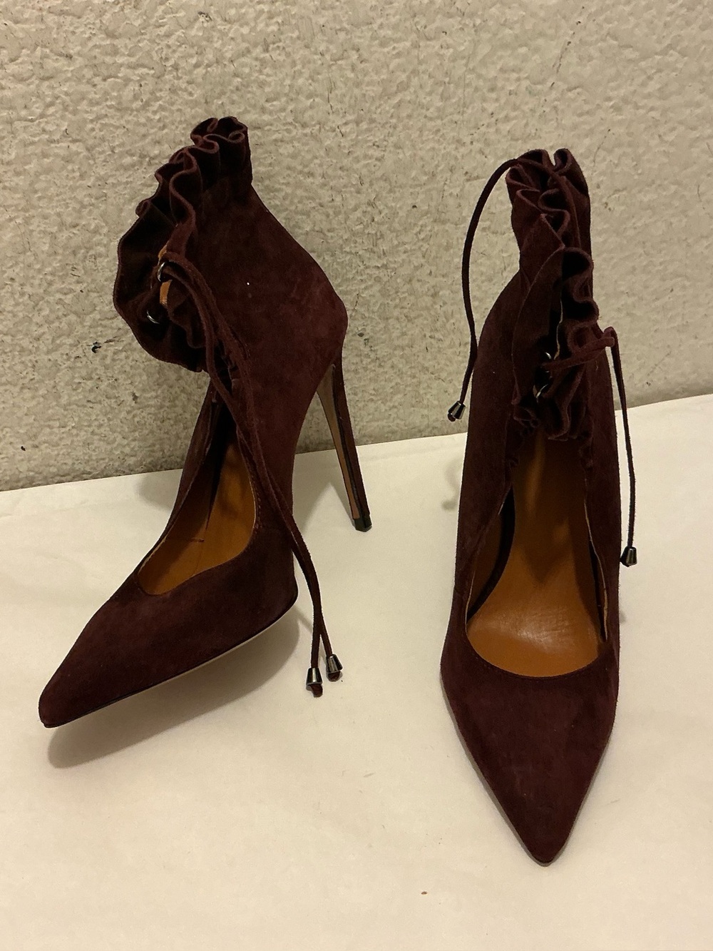 New Amanda Gregory Suede Ruffle Ankle-Tie Pointed Stiletto Pumps - Dark Brown